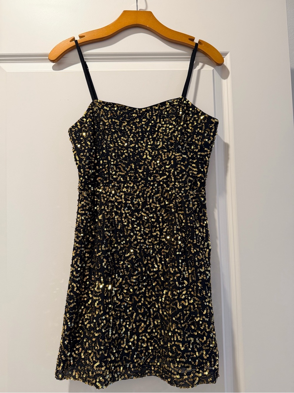 French Connection Black Mini Dress with Gold Sequins
